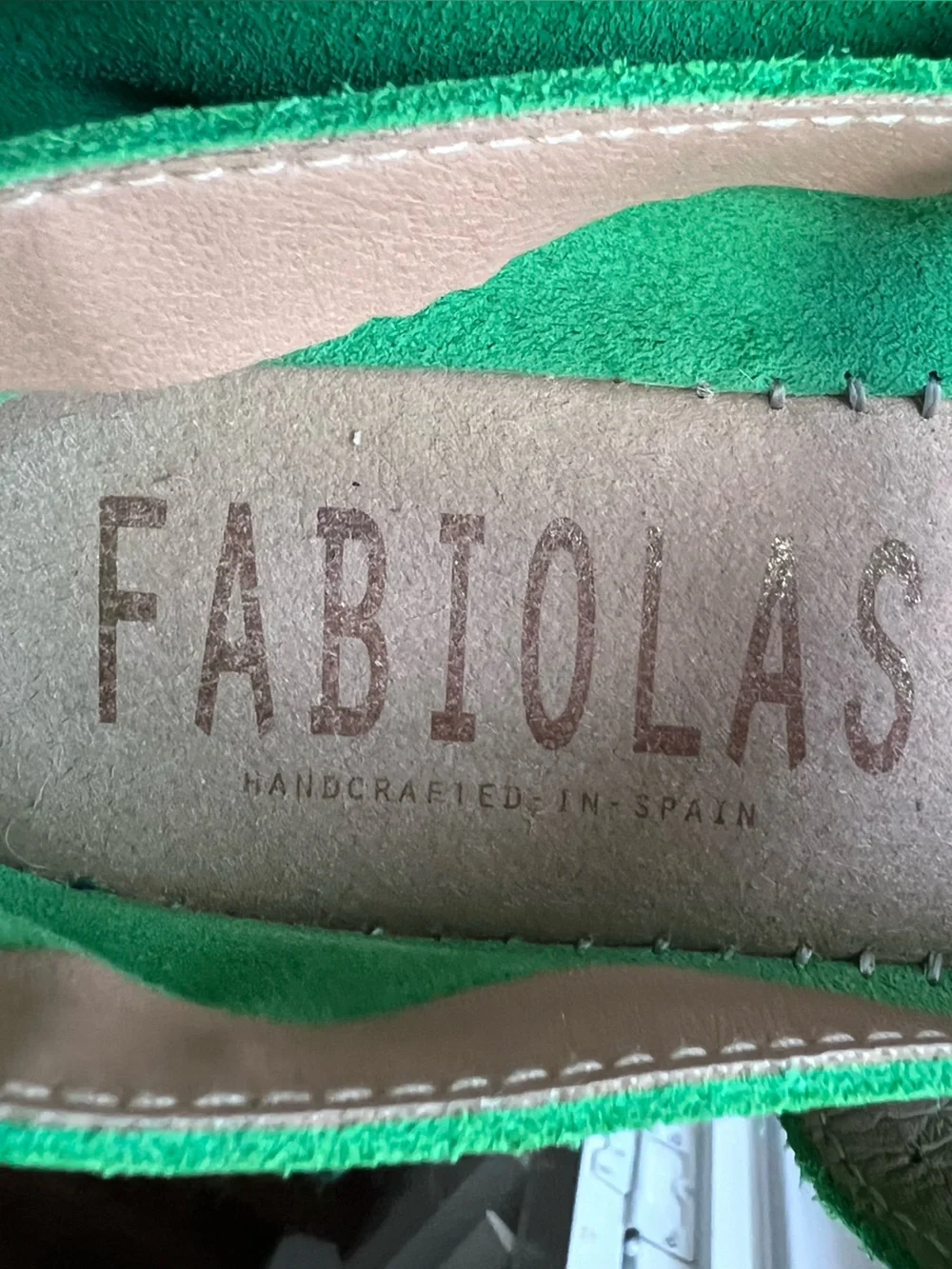 FABIOLAS Handmade In Spain Green Suede Mary Jane Espadrille Flats Size 38 US 7.5